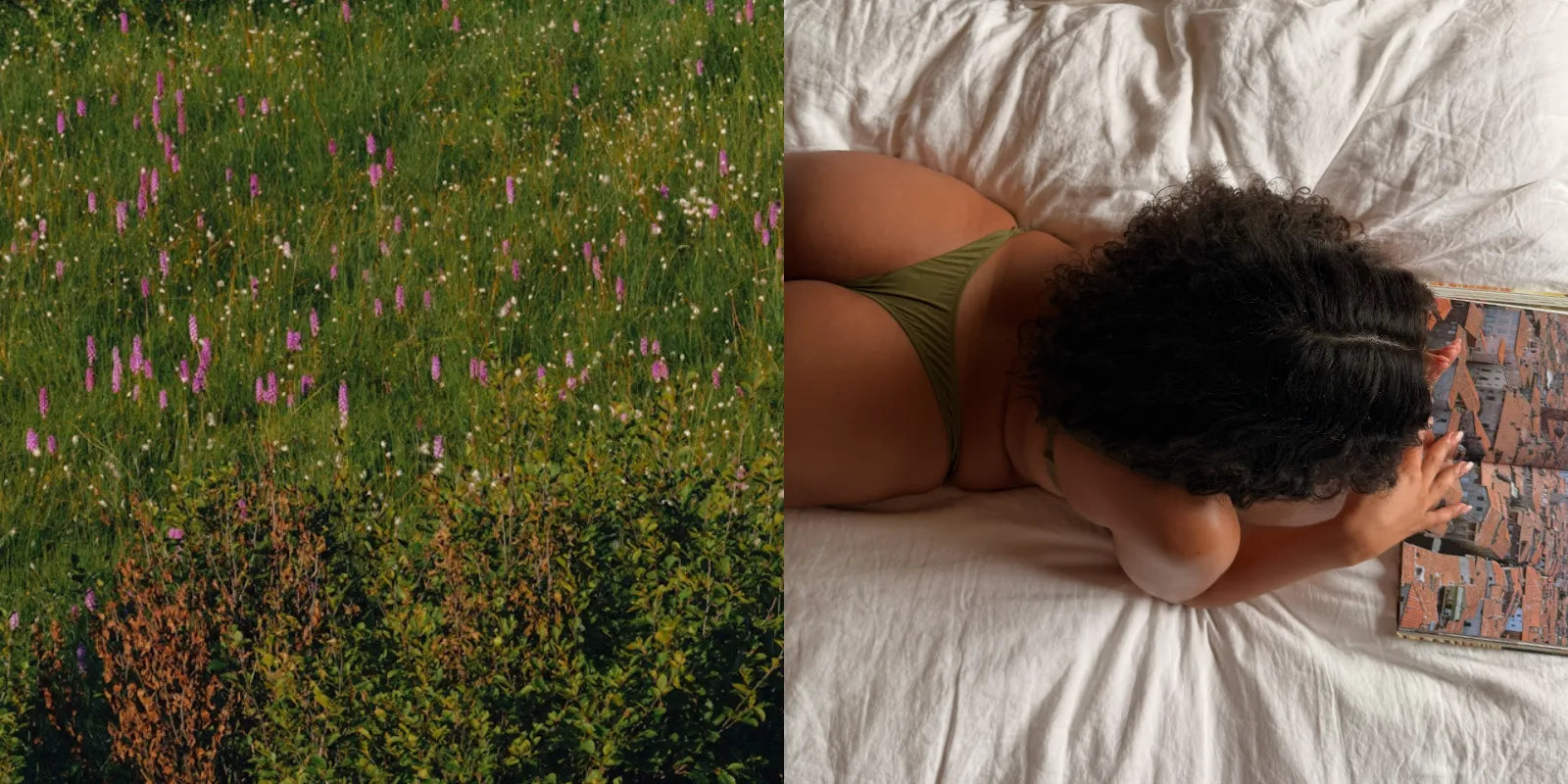 A wildflower meadow beside a woman resting in HARA period underwear — a celebration of the natural body and Mother Earth